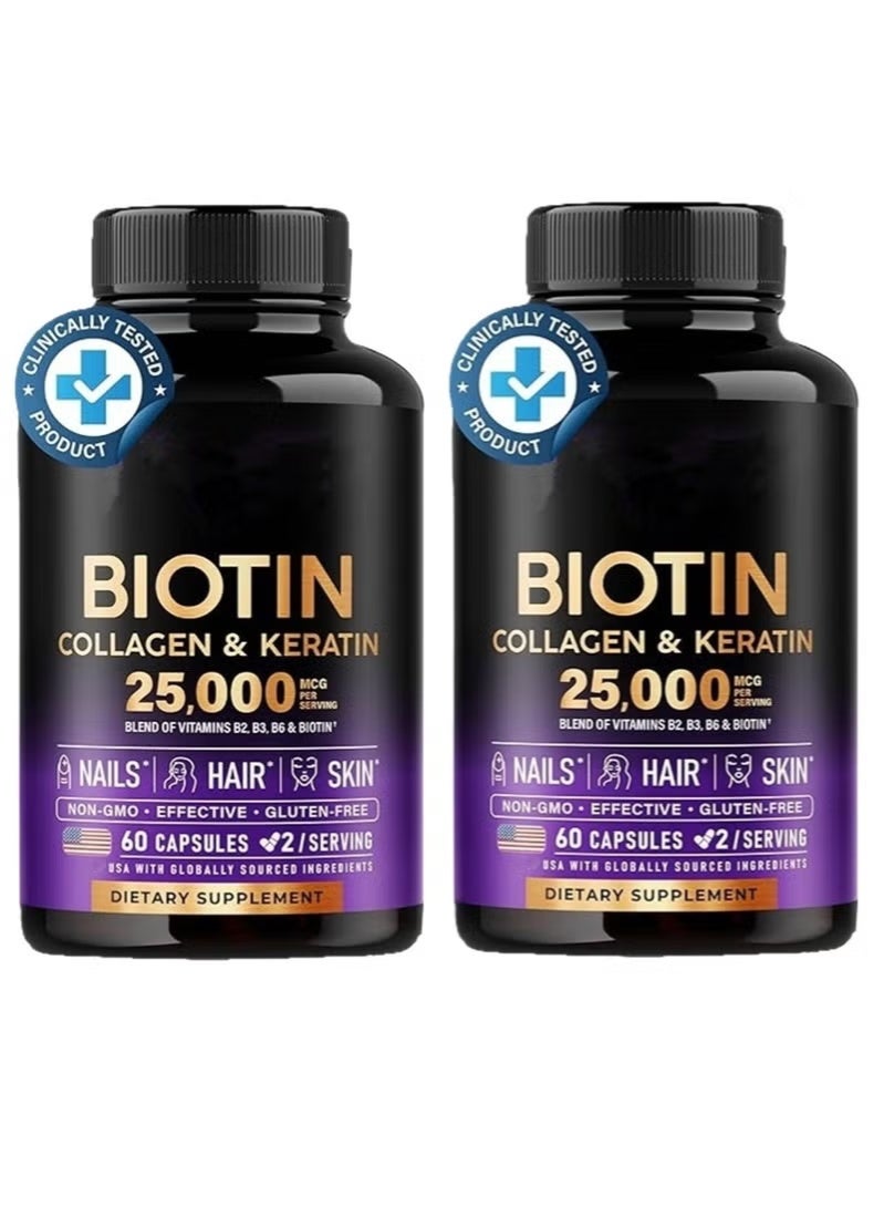 Biotin 2 PCS Biotin | Collagen | Keratin | Hyaluronic Acid - Hair Growth Support Supplement | Skin & Nails Beauty Complex 25000 mcg - | B2 | B3 | B6 | - Made in USA - For Women & Men | 60 Capsules - Image 1